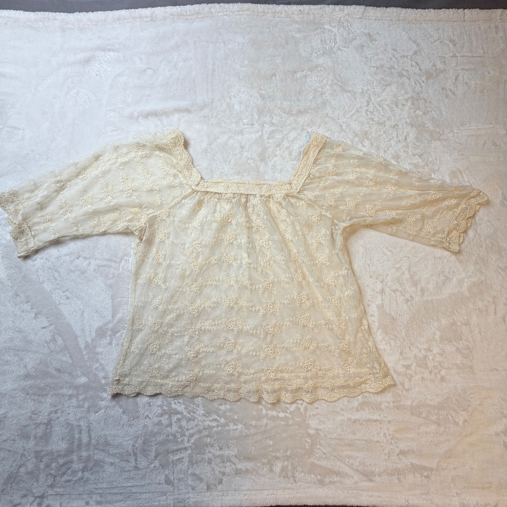 Cream Floral Lace Sheer Blouse Fairy Cottage Whimsy Square Neck Mesh Top - Picture 6 of 9